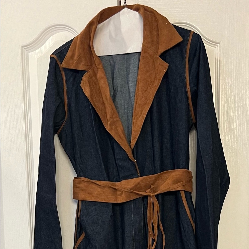 Stylish Women's Denim Wide Leg Jumpsuit with suede trimming